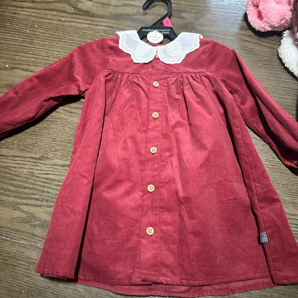 Red Corduroy Dress with Lace Collar